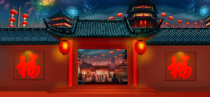 春节中国风红色海报，卡通手绘PSD素材，高清JPG下载