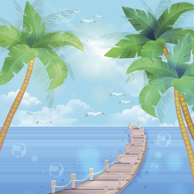 手绘夏日海滩风光，高清JPG广告图，卡通手绘设计素材下载