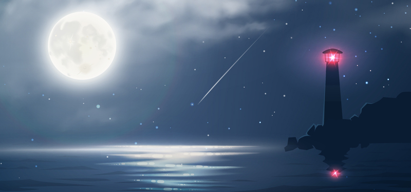 淘宝精选，夜晚流星灯塔手绘海报，高清JPG/AI格式，卡通白云月亮素材下载