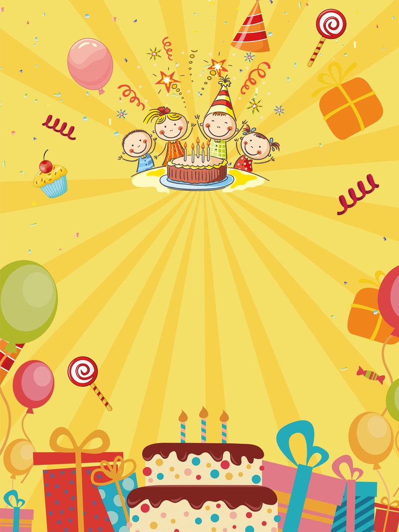 黄色卡通扁平生日派对背景，高清JPG/PSD素材，创意手绘设计下载