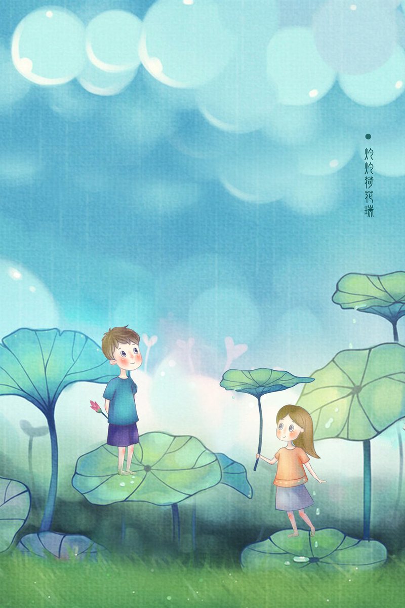 卡通荷塘背景图，高清JPG与手绘PSD素材，免费下载