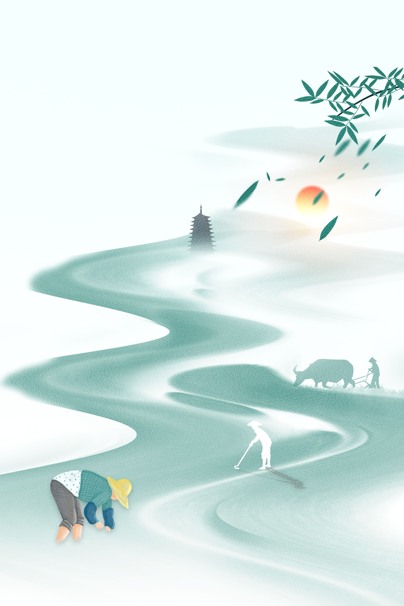 立夏手绘人物插秧图，竹子田园风情JPG/PSD素材下载