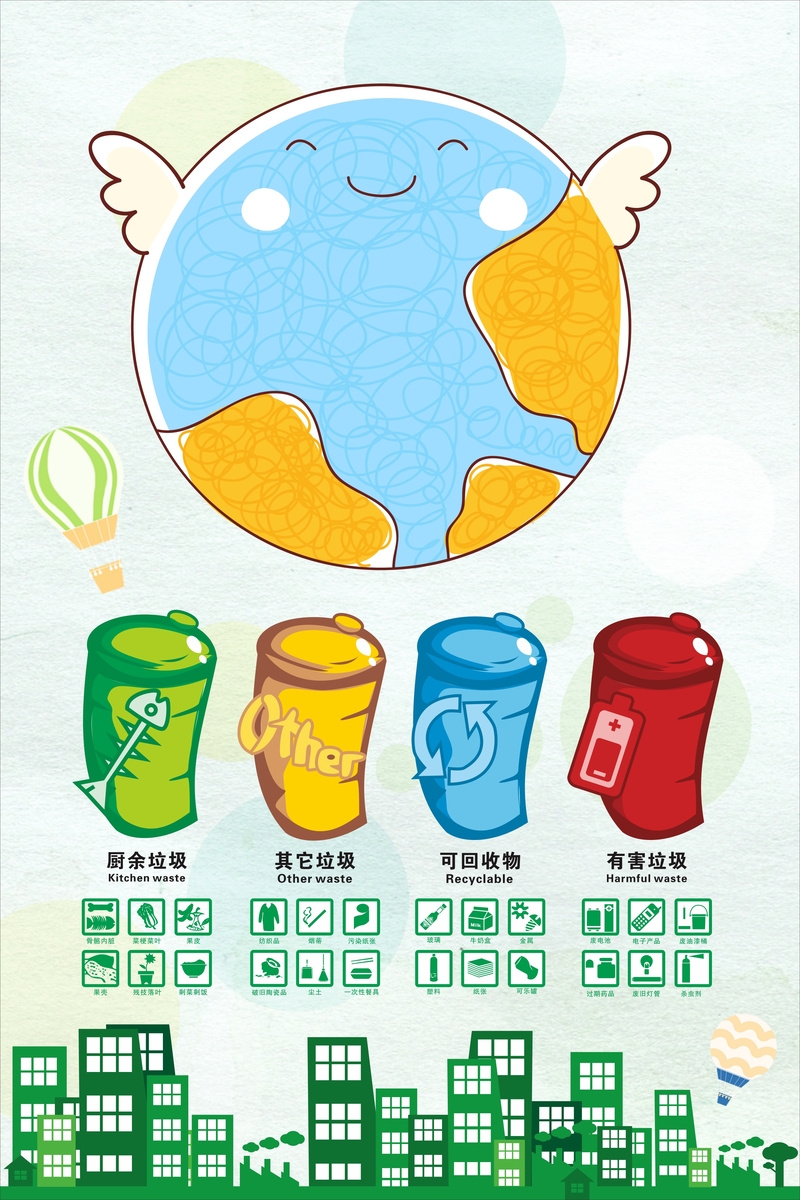小清新卡通垃圾分类背景图，高清JPG+手绘CER素材，免费下载