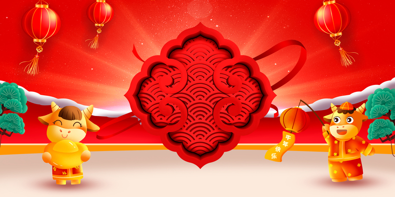 春节牛年生肖背景图，高清JPG/PSD素材，卡通手绘版免费下载