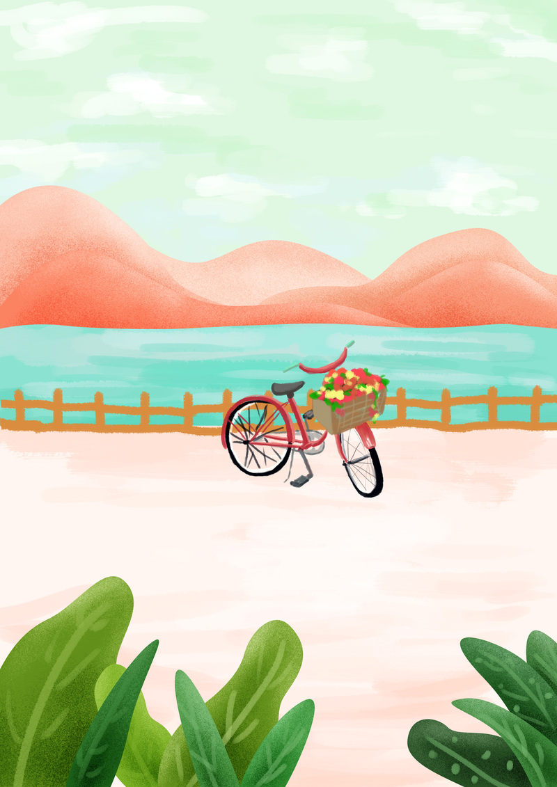河边风景手绘插画，高清JPG/PSD设计素材，免费下载