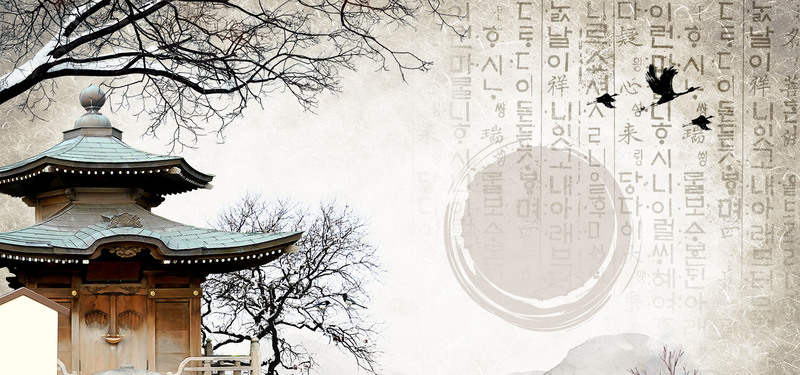 韩国古典建筑风韵背景图，高清JPG+手绘PSD，卡通风格设计素材下载