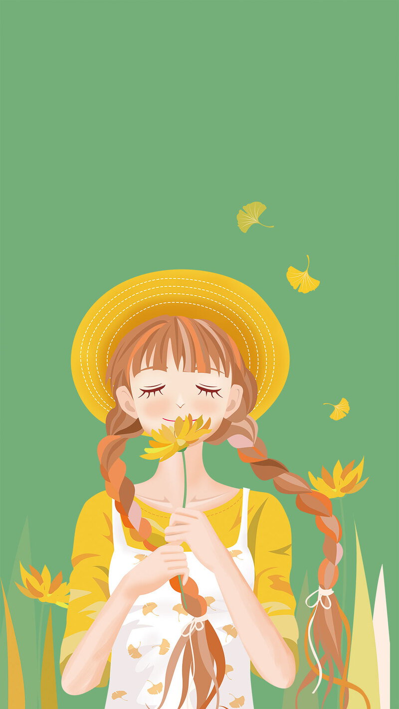 唯美银杏叶女孩手绘戴帽高清JPG，卡通手绘PSD设计素材下载