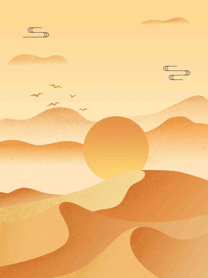 插画沙漠夕阳美景手绘图片，高清JPG & PSD设计素材下载