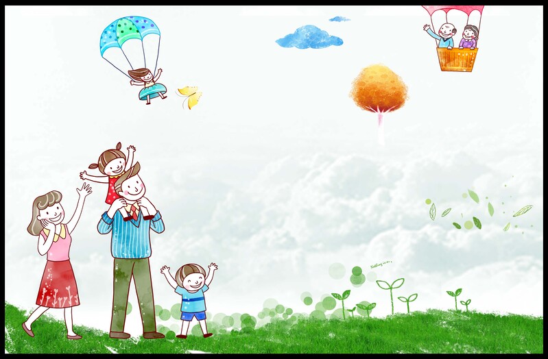幸福家庭插画展板背景，高清JPG与手绘PSD设计素材下载