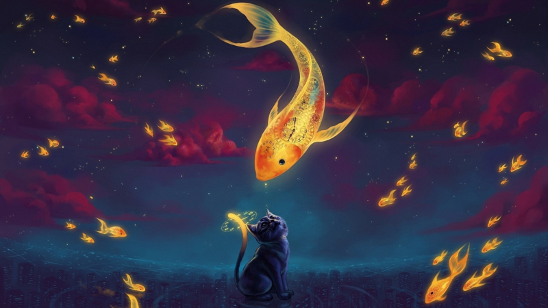 大鱼小猫奇幻创奇，唯美高清JPG卡通手绘图片素材下载