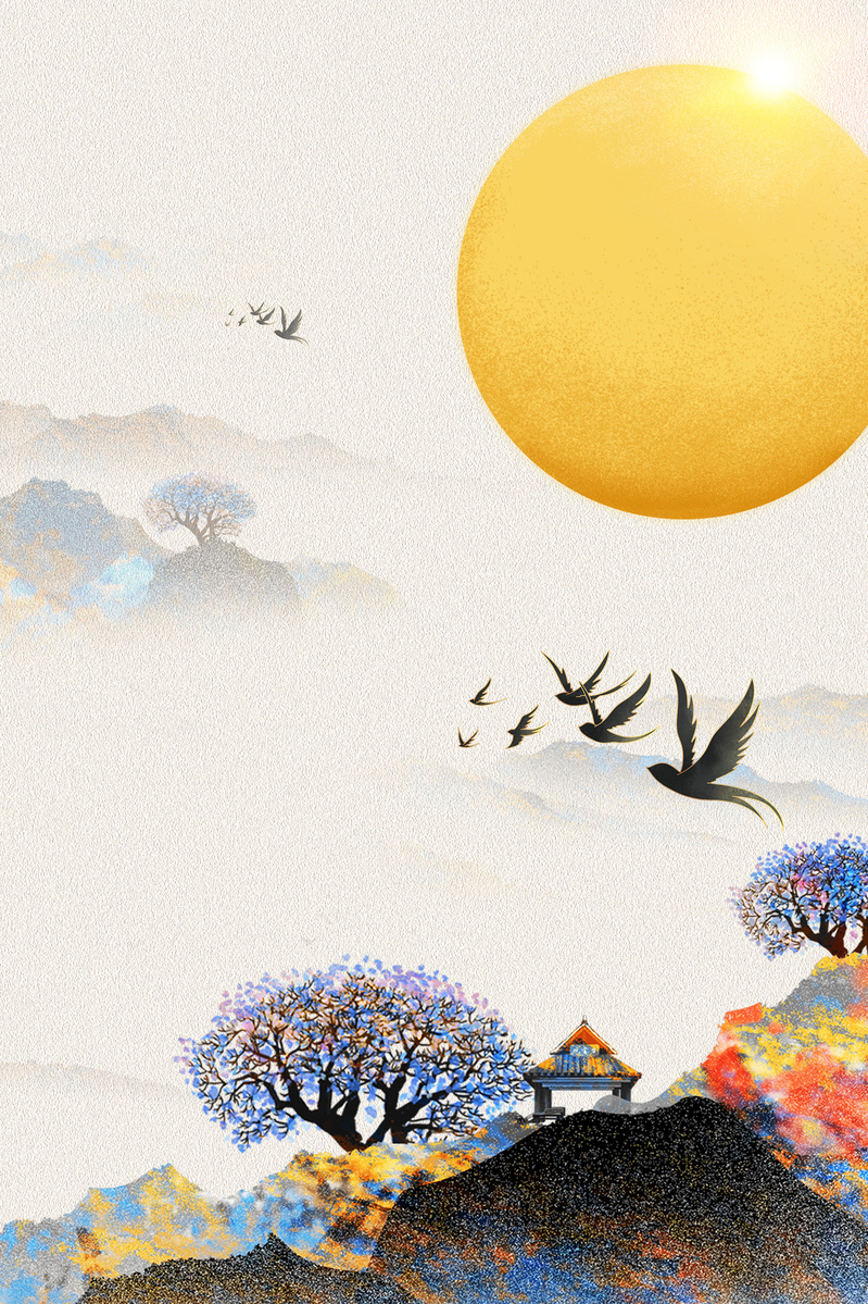 手绘山野背景图，高清JPG与PSD格式素材，卡通手绘风格下载