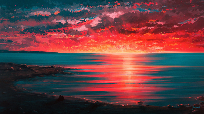 海面夕阳阳光手绘，红彤彤高清JPG卡通/手绘图片素材下载