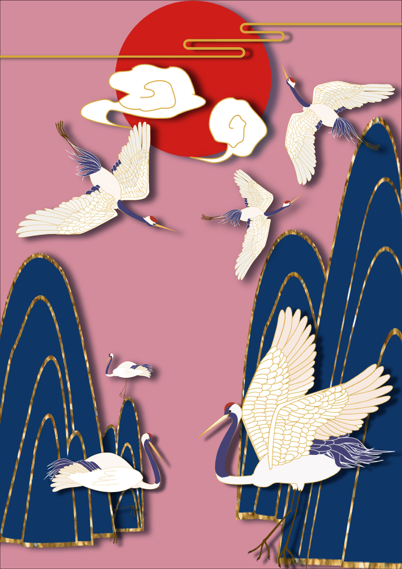 国潮插画丹顶鹤，精美JPG手绘卡通图片，高清设计素材下载