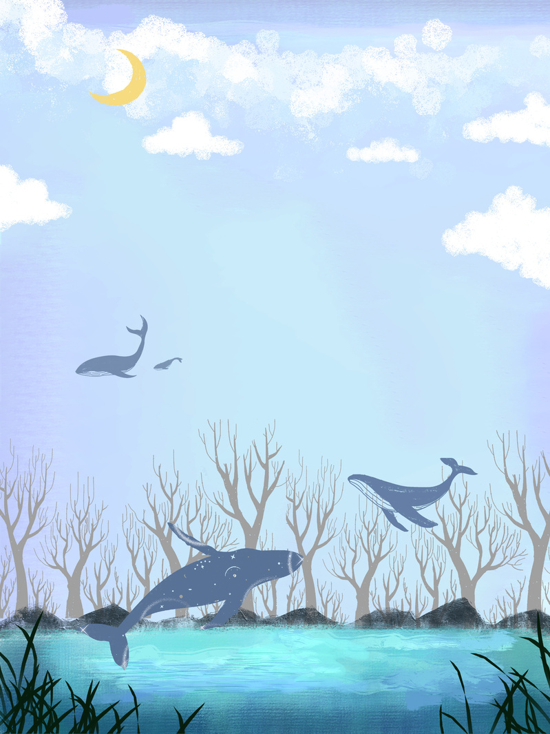 手绘卡通鲸鱼海报背景，高清PSD/JPG下载，创意海底世界设计素材