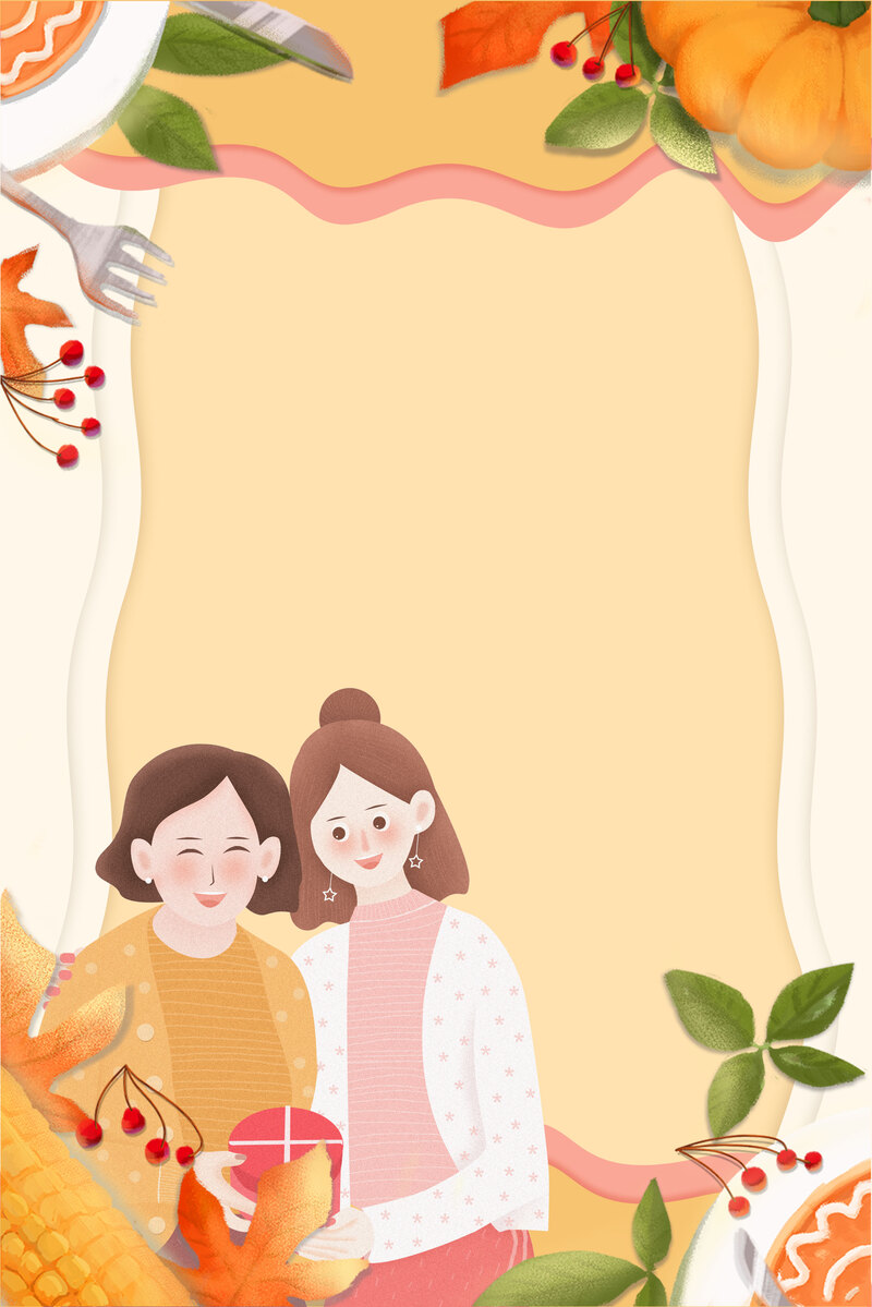 感恩节手绘母女背景图，高清JPG/PSD设计素材，卡通手绘风格下载