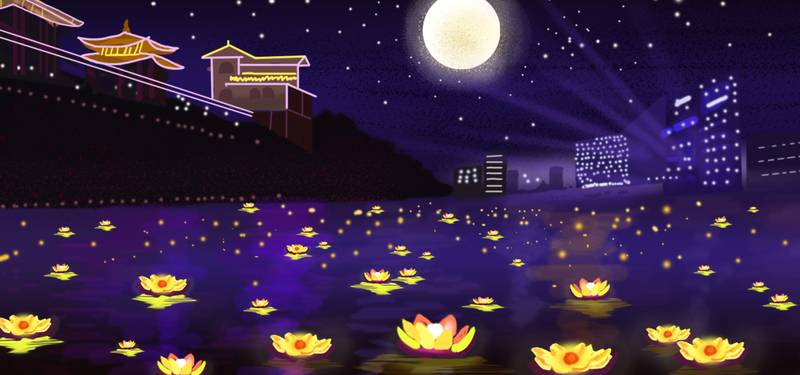 中元夜莲花祈福图，卡通手绘高清JPG/PSD素材下载