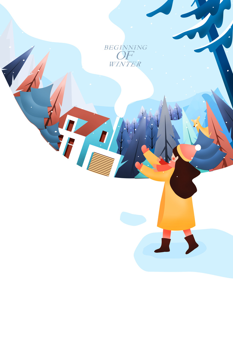 手绘冬季雪景背景图，高清JPG/PSD素材，卡通手绘风格，免费下载