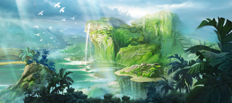 山水风景动画背景图，高清JPG卡通手绘素材，免费下载