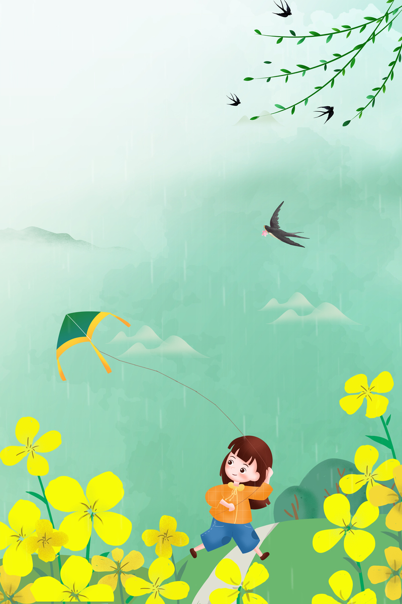 手绘小女孩放风筝高清背景图，JPG/PSD卡通手绘素材下载