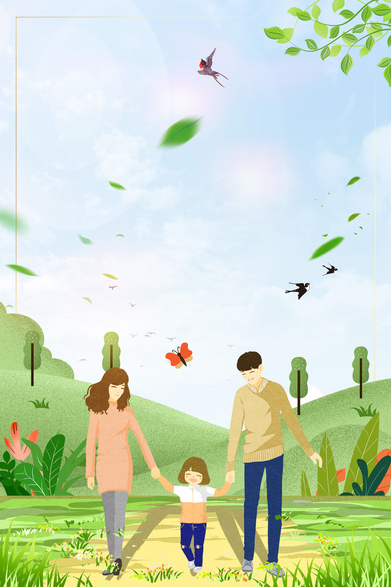 春季亲子踏青，卡通手绘旅游海报设计素材，JPG/PSD格式高清下载