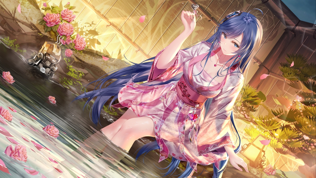 和服美人浴池花瓣图，高清4K动漫壁纸，3840x2170分辨率，免费下载
