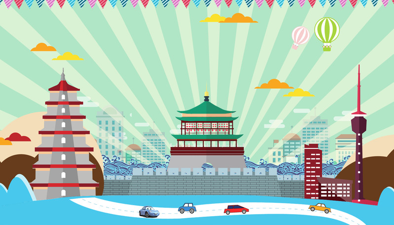 西安旅游卡通手绘海报，矢量高清JPG/PSD设计素材下载