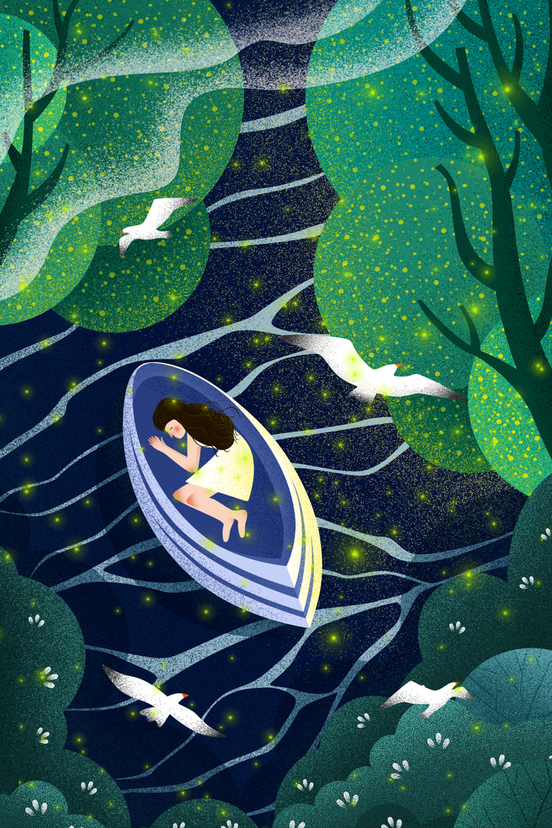 盛夏之夜创意插画，晚安户外海报，高清JPG/PSD素材下载