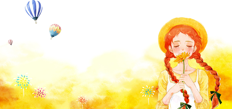 夏日向日葵热气球女孩，高清JPG/PSD设计素材，黄色背景卡通手绘下载