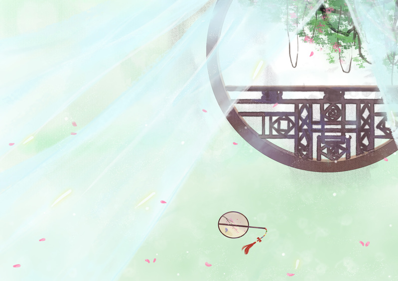 古风樱花扇子背景，卡通手绘设计素材，高清JPG/PSD下载