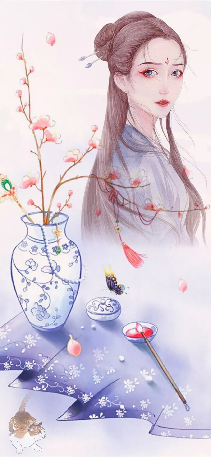古风美女与萌猫，唯美手绘JPG/PSD设计素材下载