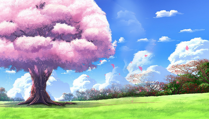唯美梦幻樱花树海报背景，高清JPG/PSD素材，卡通手绘风格，免费下载