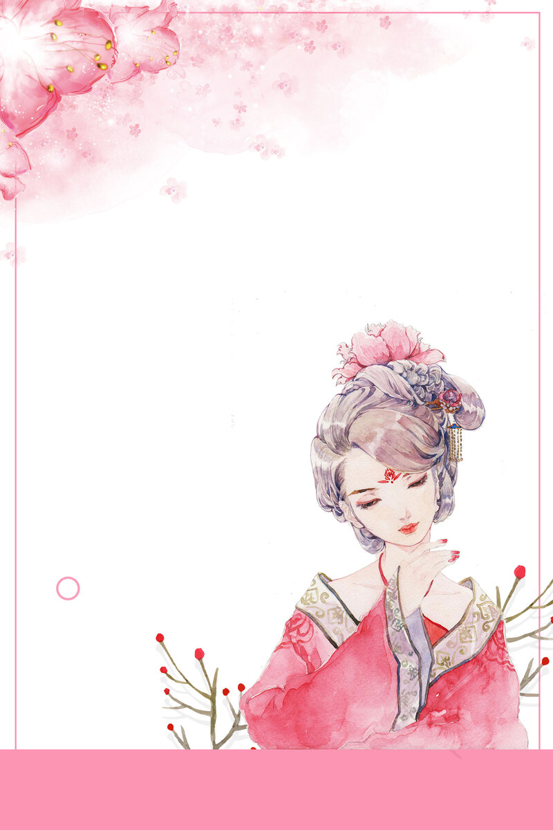 粉色手绘女生节背景图，唯美古风少女花瓣设计素材高清下载