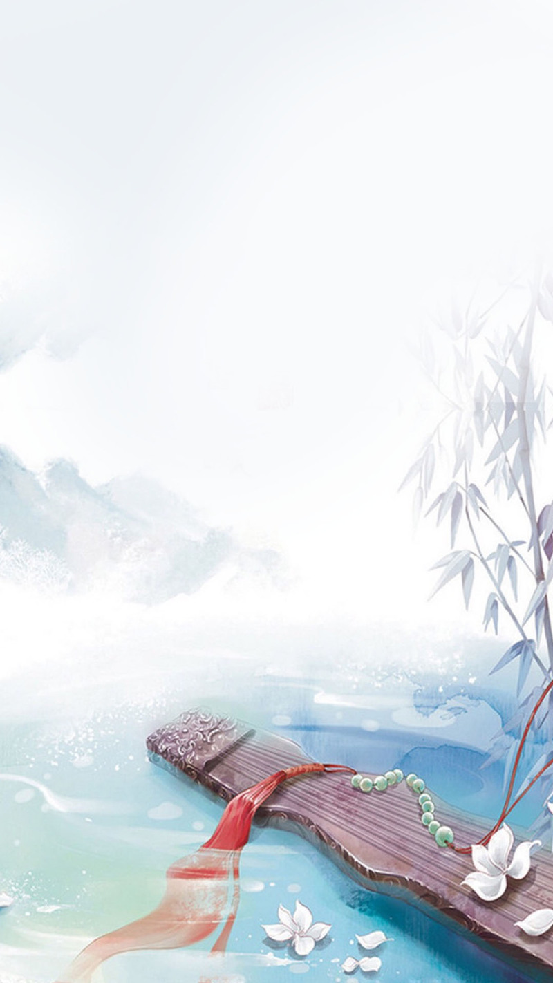 古筝湖水H5背景图，高清JPG，卡通手绘素材免费下载