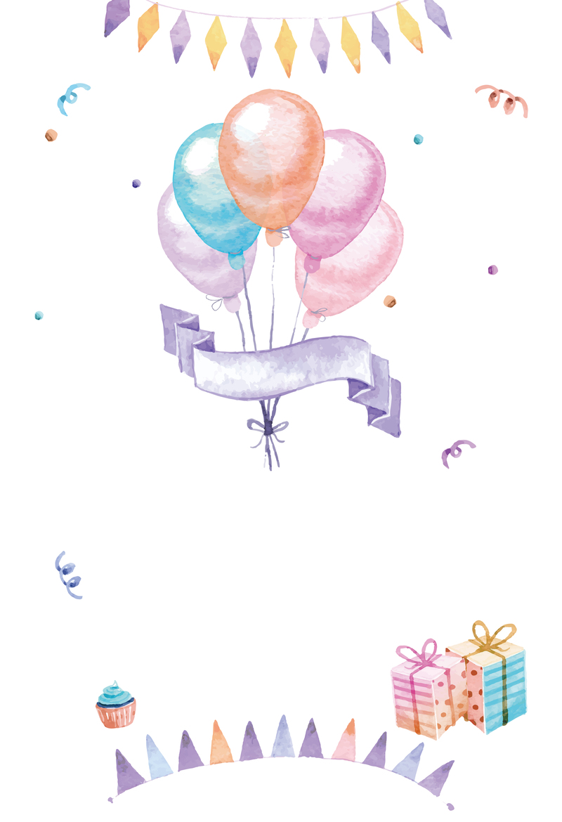 高清气球生日派对海报背景，卡通手绘甜品礼物设计素材JPG/AI下载