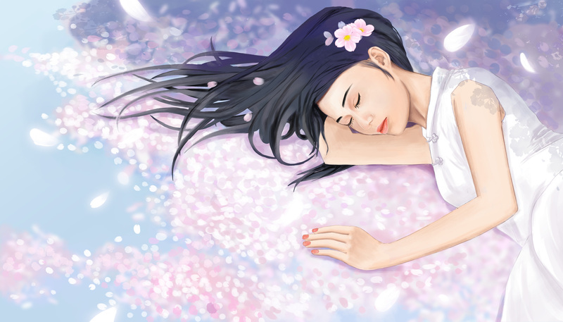 小女孩梦眠樱花地，唯美高清JPG/手绘PSD素材下载