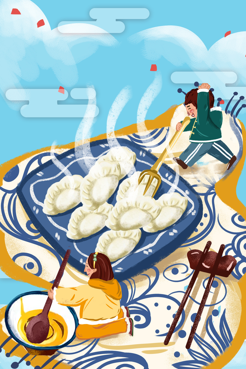 冬至饺子手绘背景图，高清JPG/PSD设计素材，卡通手绘元素免费下载