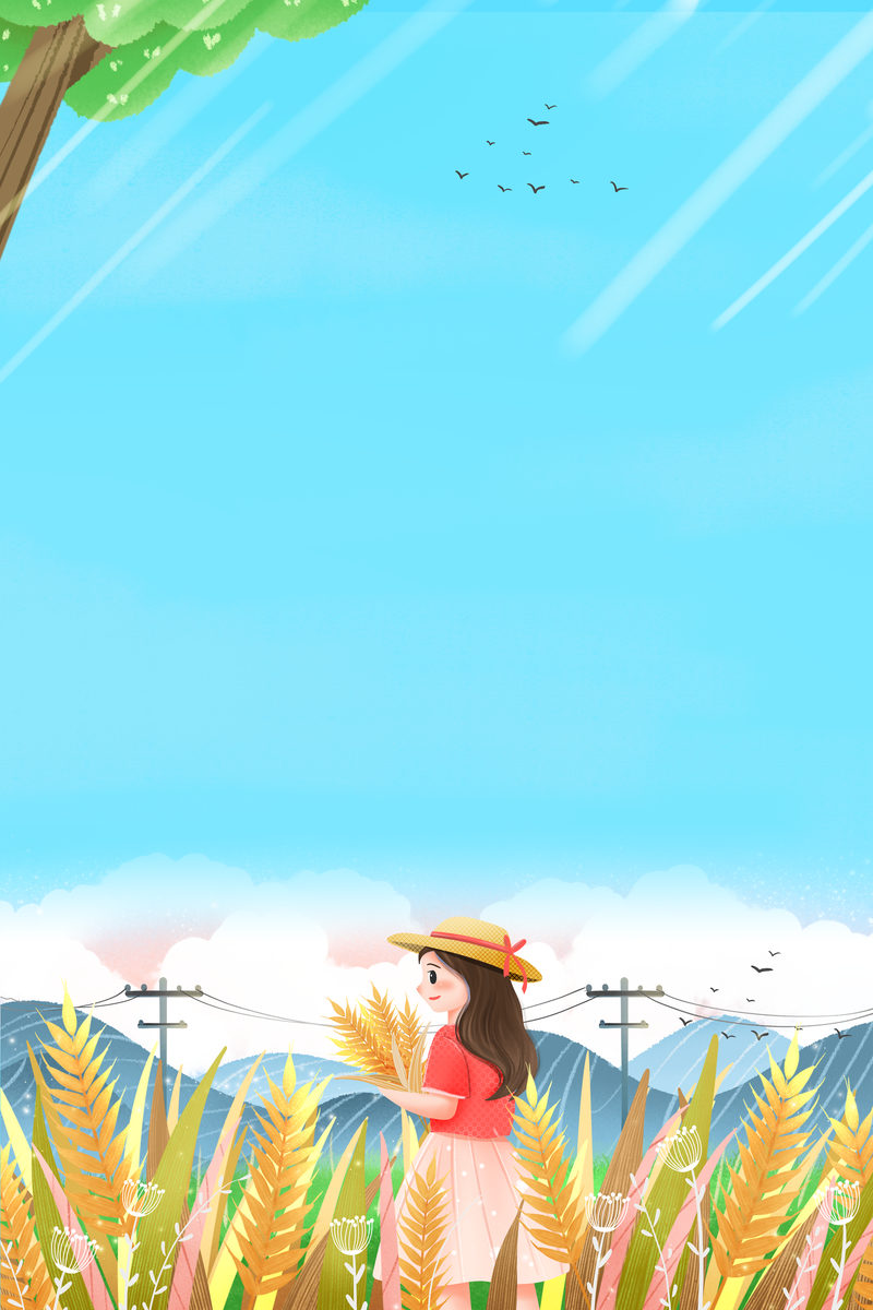 立夏节气手绘素材，麦子树枝人物卡通JPG/PSD高清下载