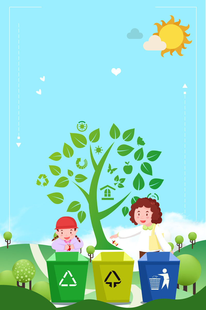 母女垃圾分类卡通手绘背景图，高清JPG/PSD格式设计素材下载