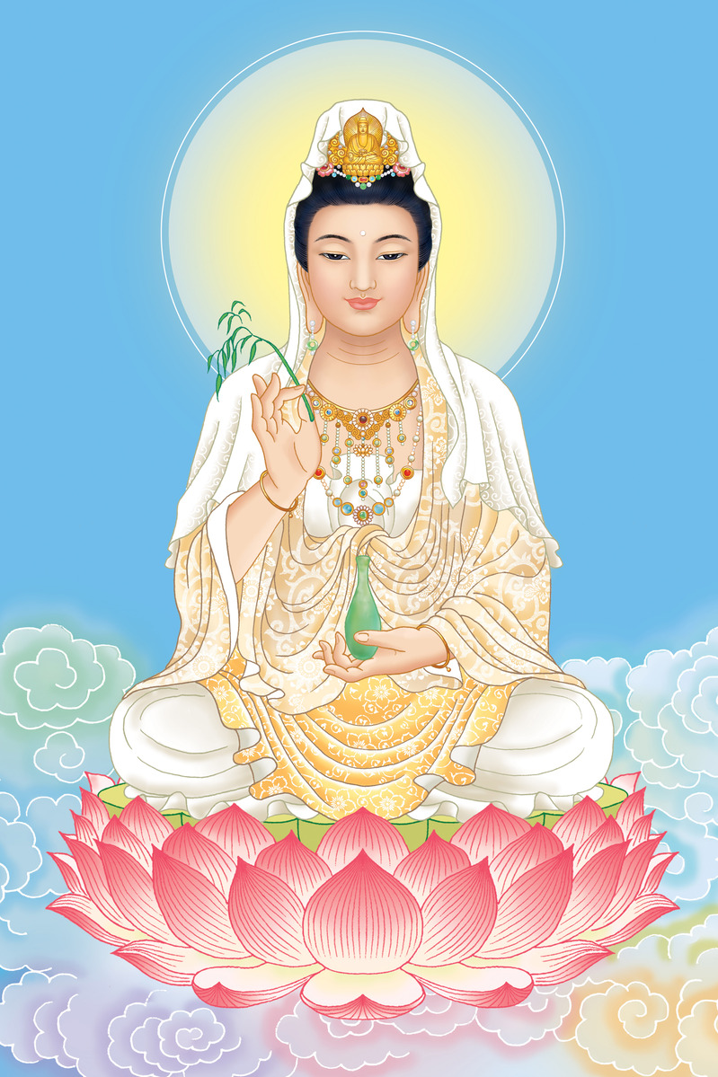 精美观音菩萨坐像海报背景素材，高清JPG与PSD格式，卡通手绘风格，免费下载