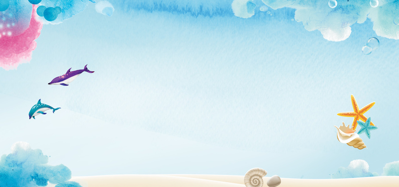 海边手绘卡通蓝色banner，高清JPG与PSD设计素材下载