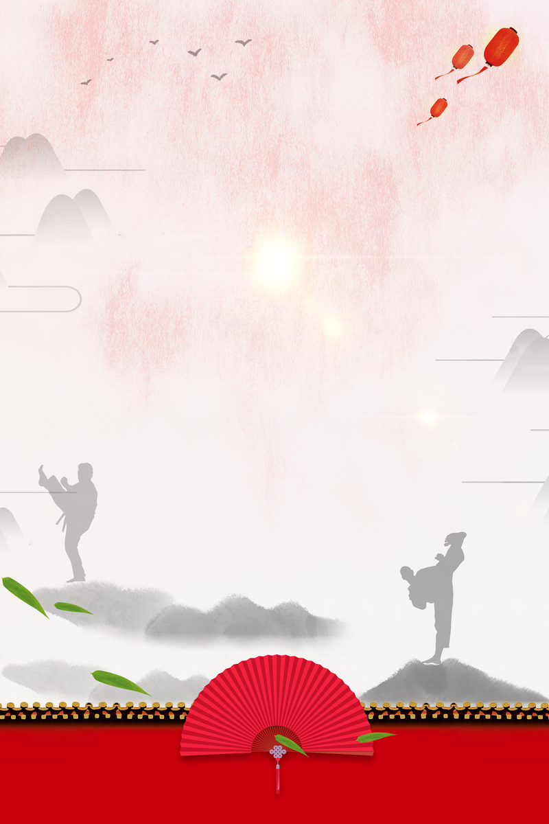 中国武术海报背景，高清JPG与手绘PSD设计素材，卡通风格下载