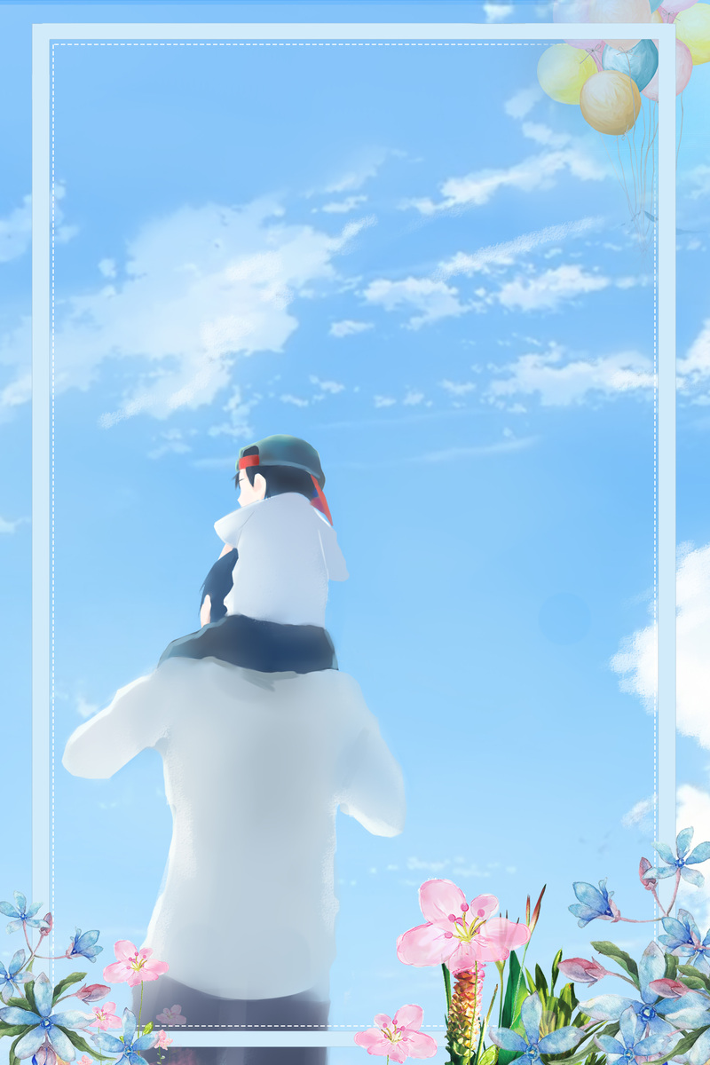 父亲节插画海报，蓝色手绘风，JPG/PSD格式，高清卡通设计素材下载