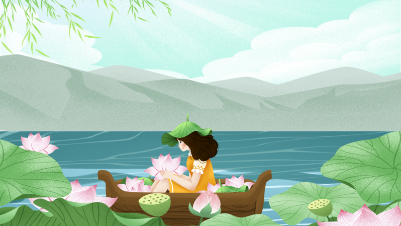立夏手绘荷花船人物，高清JPG/PSD素材，卡通手绘风格下载