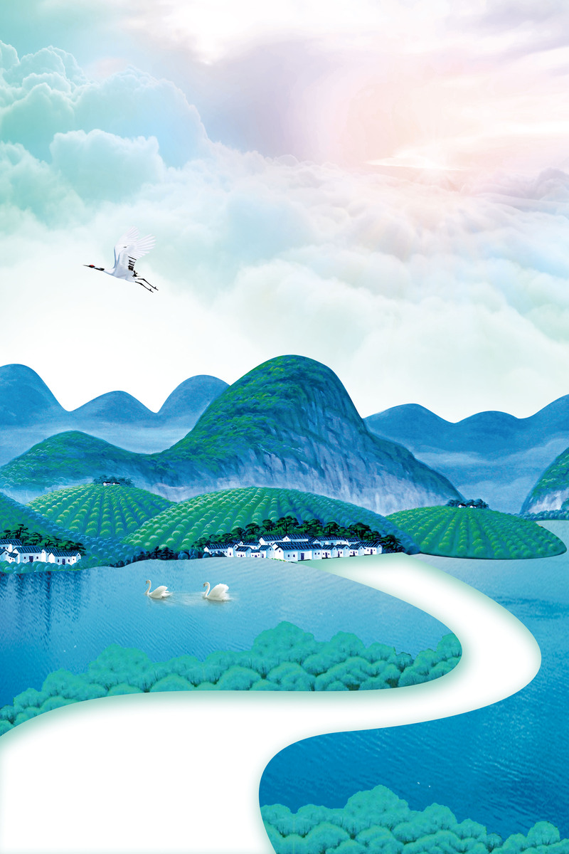 高清蓝色简约卡通插画海报背景，创意JPG/PSD设计素材下载