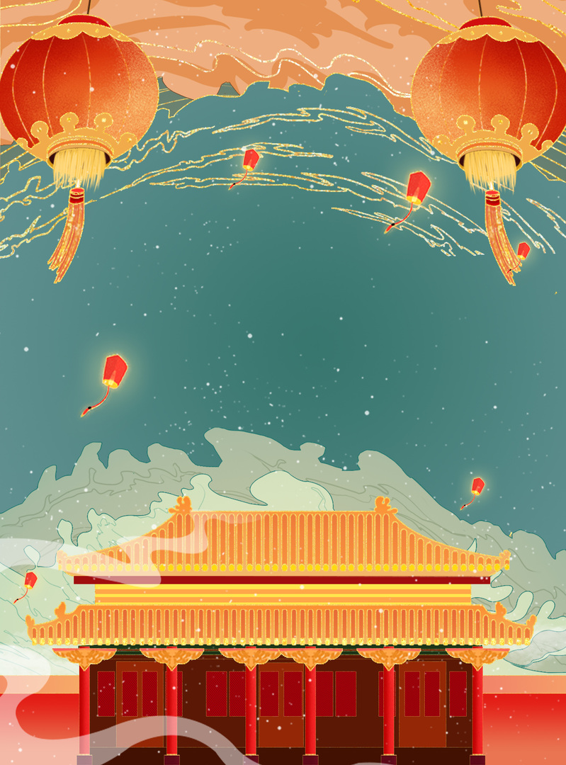 国潮灯笼手绘背景图，高清JPG/PSD素材，卡通手绘元素任选下载