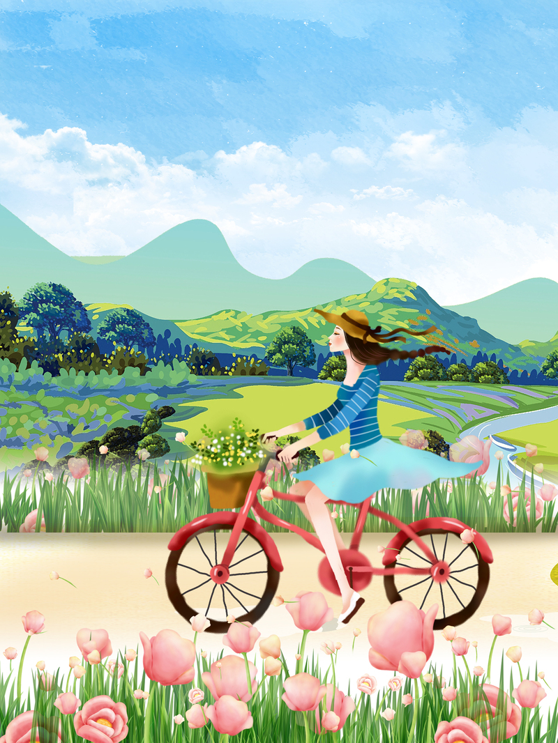 手绘插画，清新春景，私奔春季旅游海报背景，高清JPG/PSD设计素材下载