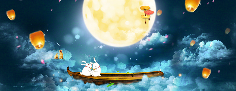 中秋节玉兔卡通梦幻蓝色banner，高清JPG+PSD素材，免费下载