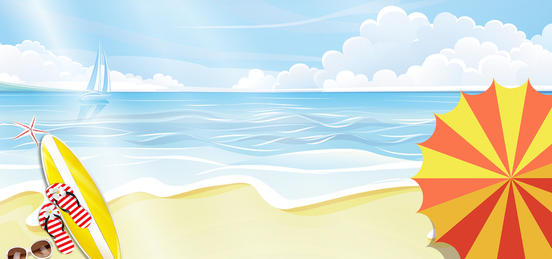 童趣卡通海边冲浪图，蓝色阳光背景，高清JPG/PSD设计素材下载