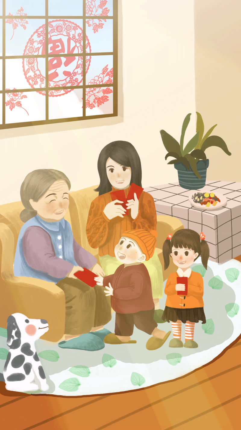 手绘新年场景图，高清JPG卡通素材，设计必备，免费下载