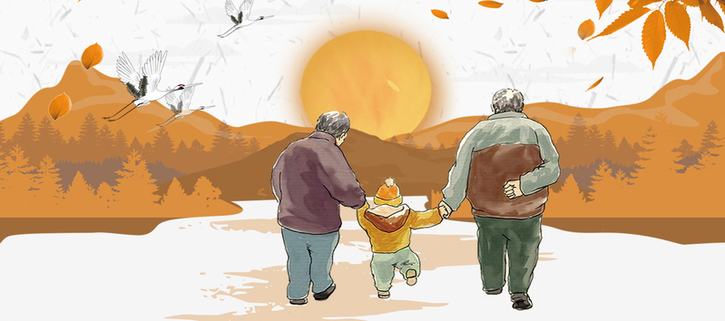 九九重阳节卡通手绘banner，温馨设计素材，JPG/PSD高清下载
